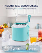 EUHOMY black countertop ice maker machine with handle, producing 26lbs of ice in 24 hours, shown with basket and scoop.