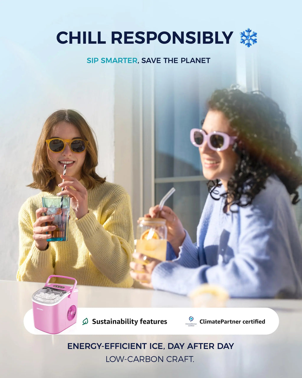 EUHOMY black countertop ice maker machine with handle, producing 26lbs of ice daily, includes basket and scoop.