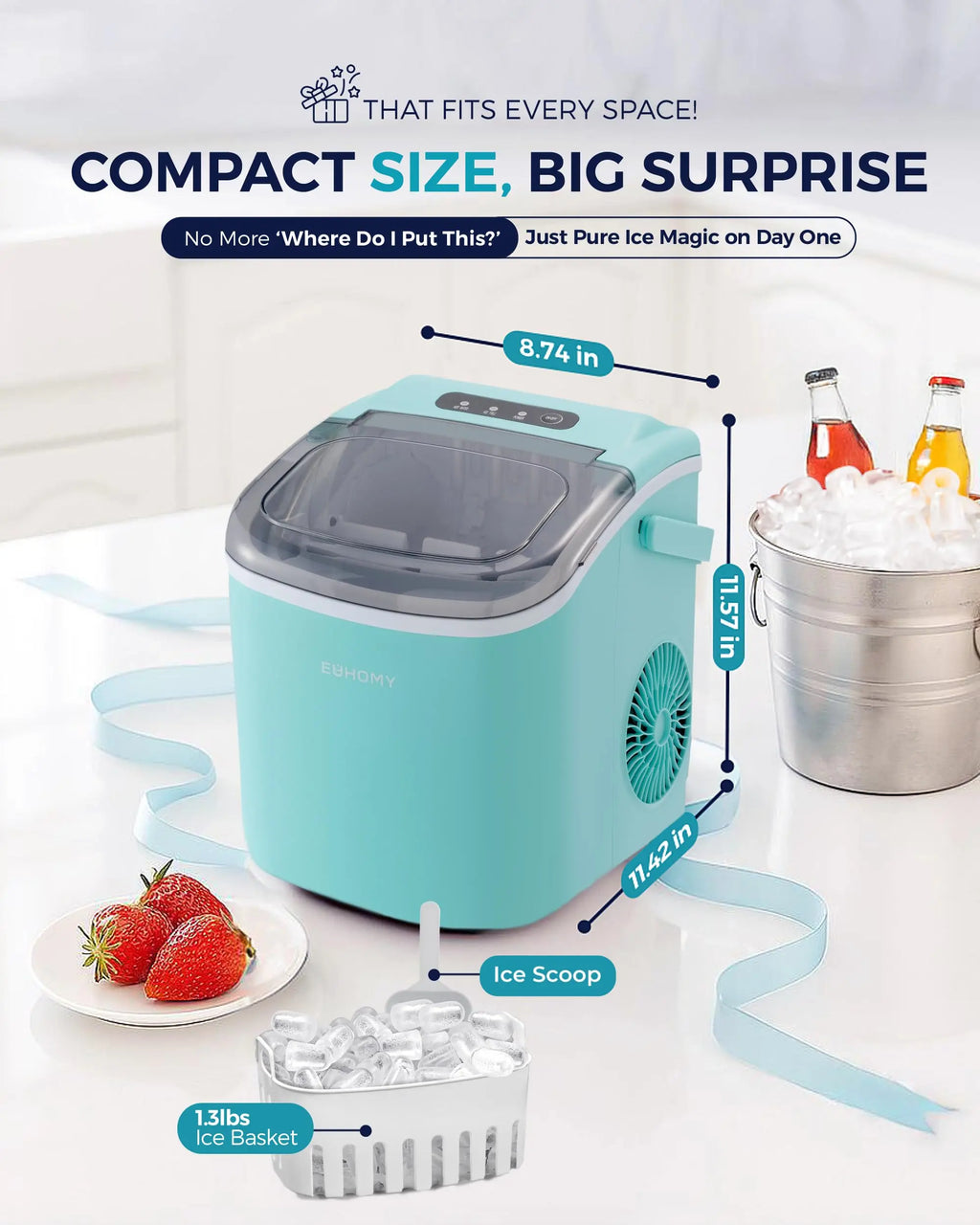 EUHOMY black countertop ice maker machine with handle, producing 26lbs of ice in 24 hours and includes basket and scoop.