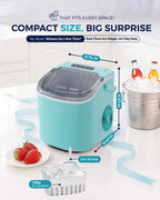 EUHOMY black countertop ice maker machine with handle, producing 26lbs of ice in 24 hours and includes basket and scoop.