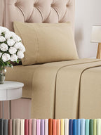 CGK Unlimited queen white sheet set with deep pockets, soft fabric, and a breathable, cooling design for all ages.