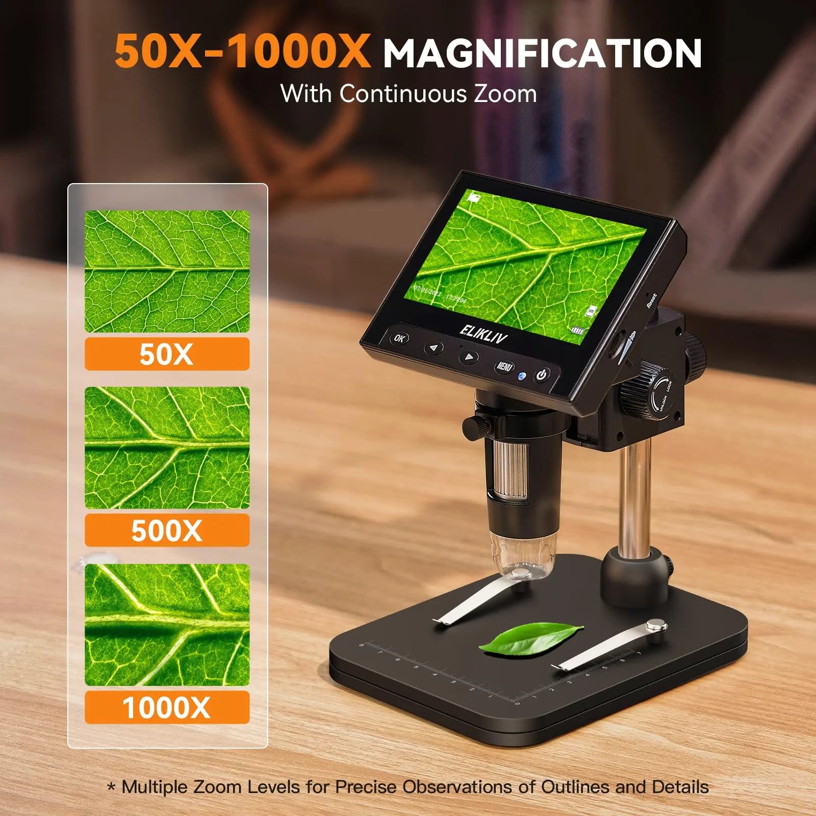 Elikliv LCD digital coin microscope with 1000x magnification and 8 LED lights, featuring a 4.3-inch display.