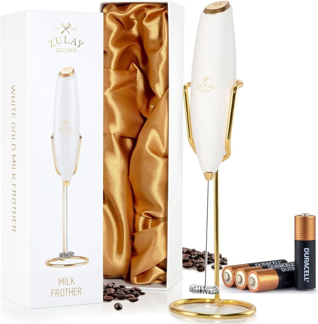 Zulay handheld milk frother in silver with upgraded titanium motor, designed for frothing coffee and blending beverages.