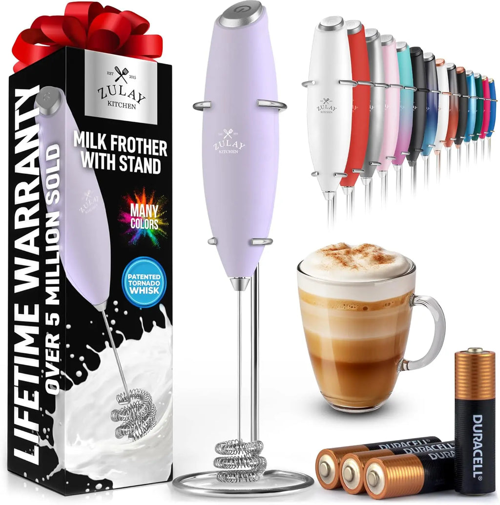 Zulay milk frother in silver, handheld electric whisk for coffee, ideal for lattes, matcha, and frappes.