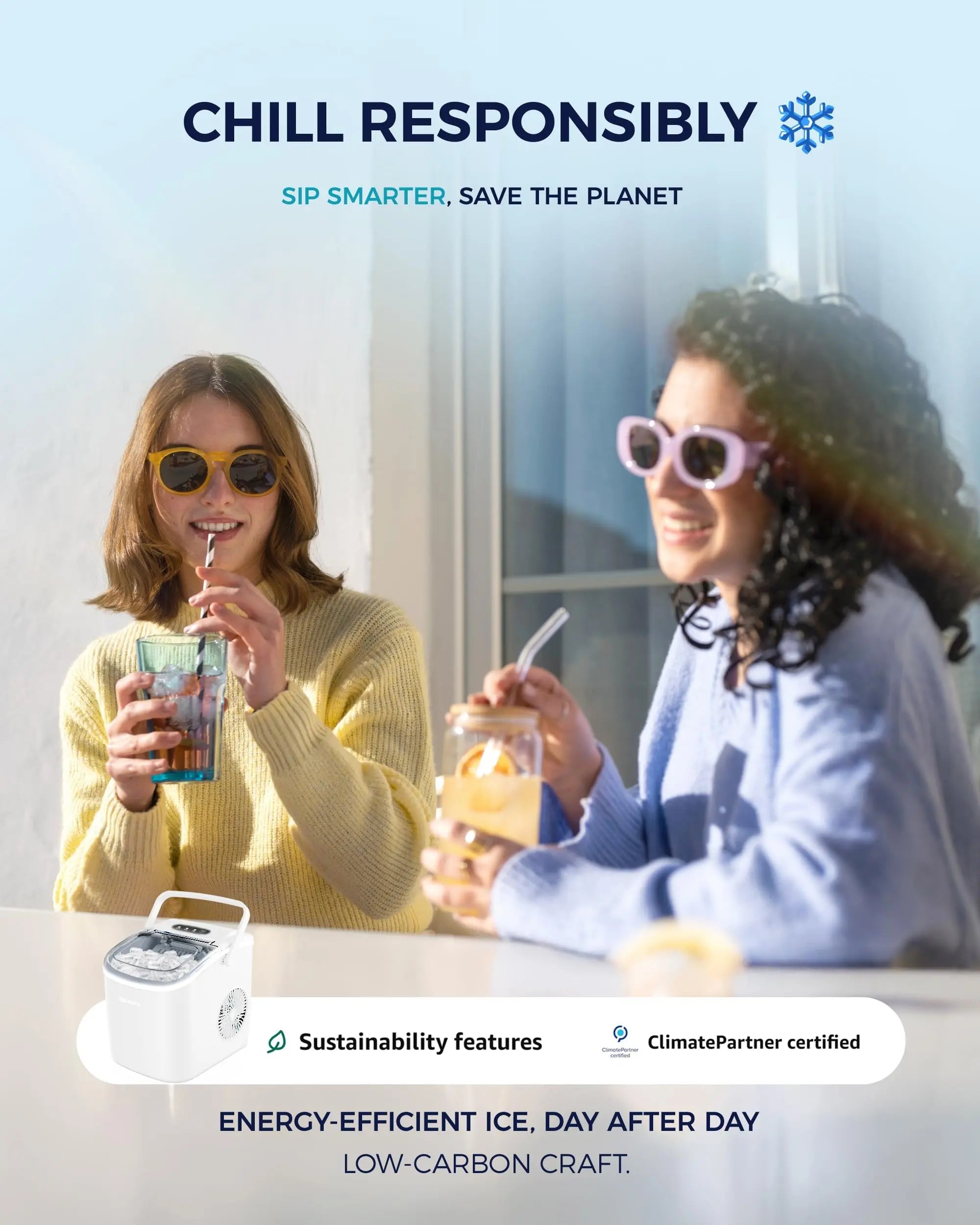 EUHOMY countertop ice maker machine in black, producing 26lbs of ice daily, with handle and included basket and scoop.