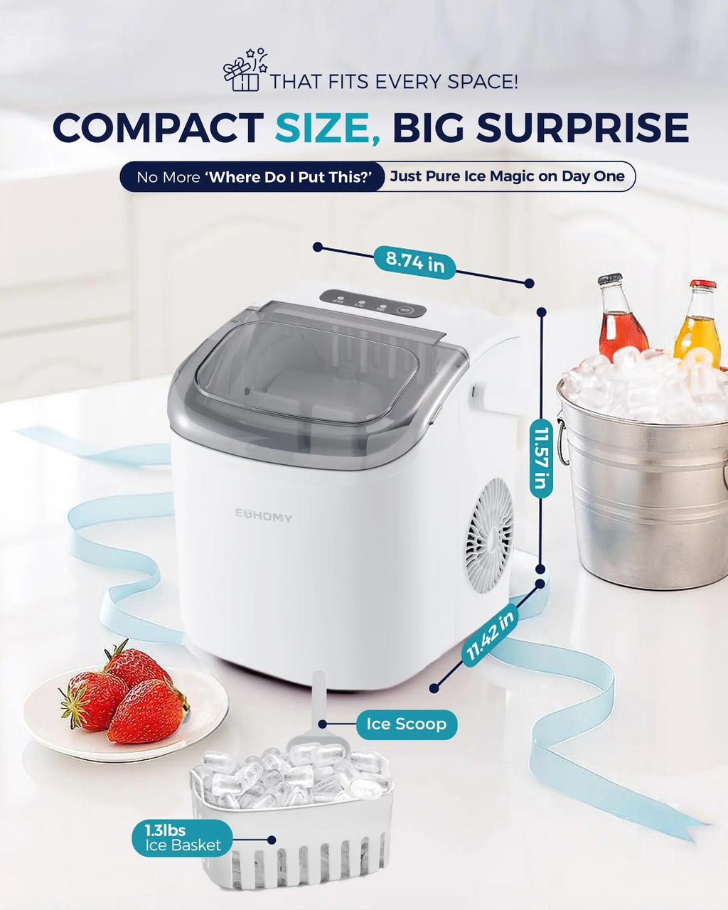 EUHOMY countertop ice maker in black, producing 9 ice cubes in 6 minutes, with a handle, basket, and scoop.