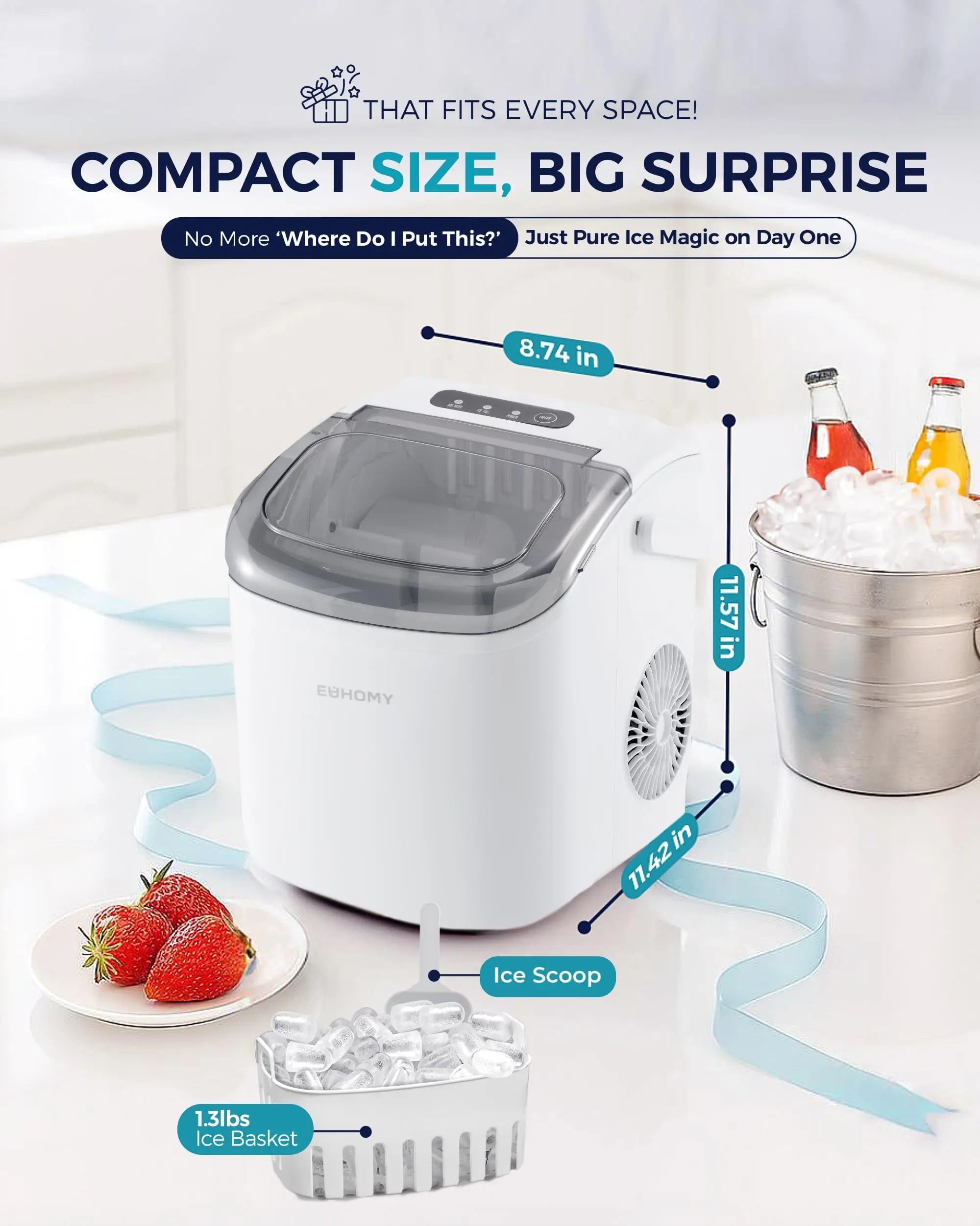 EUHOMY countertop ice maker in black, producing 9 ice cubes in 6 minutes, with a handle, basket, and scoop.