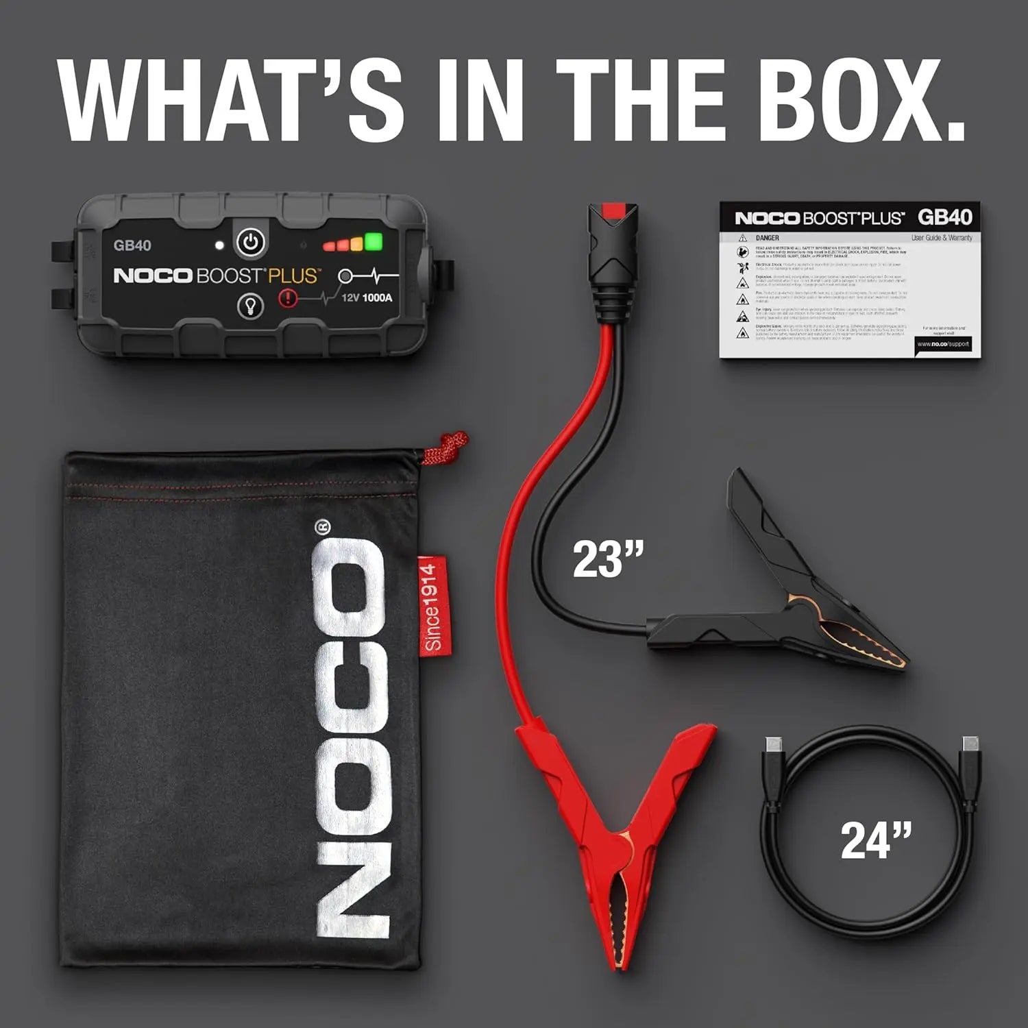 NOCO Boost GB40 jump starter with cables, portable design for 12V gas and diesel engines, featuring a lithium battery pack.