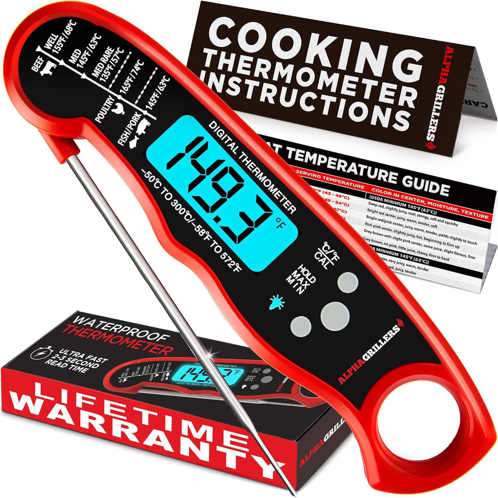 Digital meat thermometer by Alpha Grillers, showing an instant read display with a sleek design for cooking and grilling.