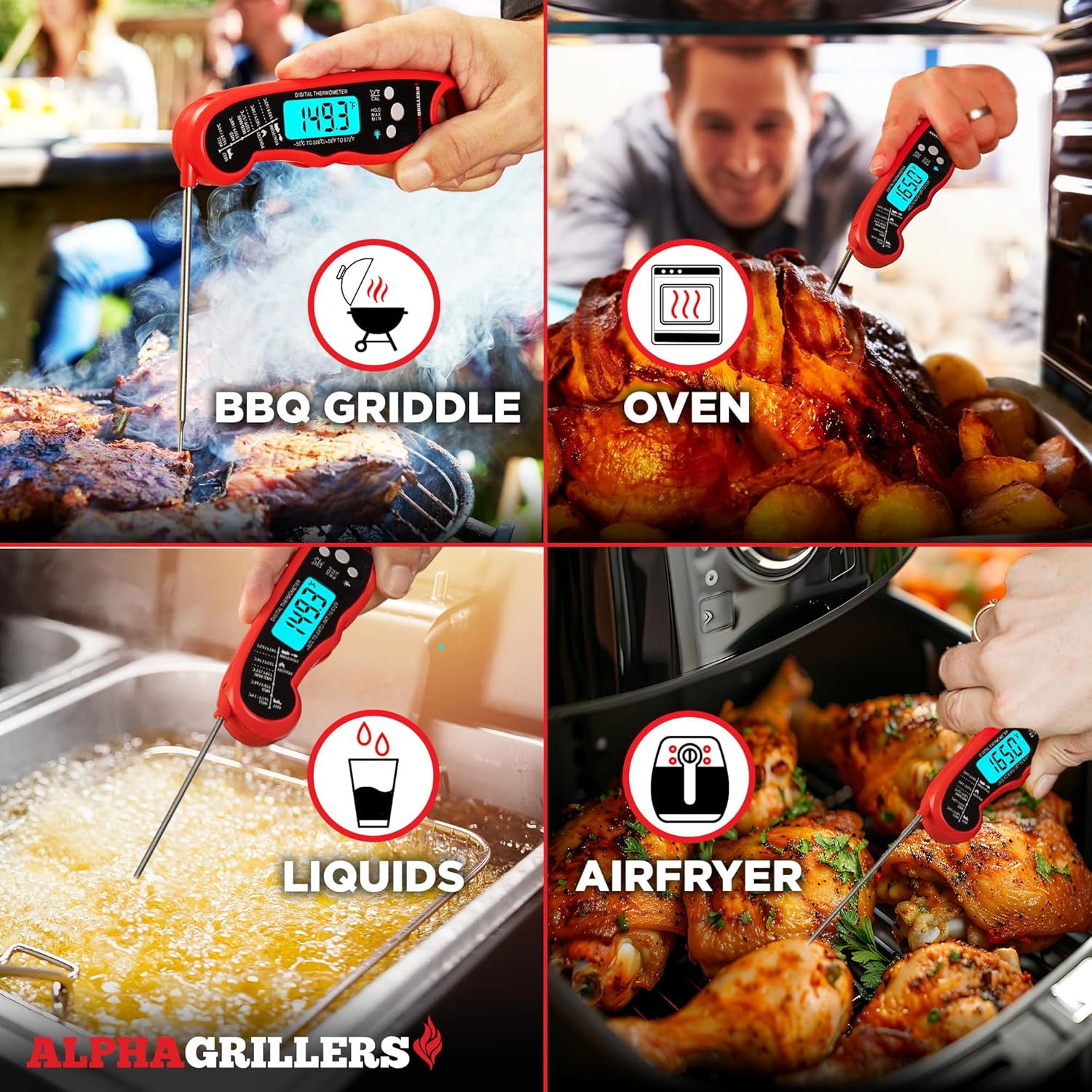 Digital meat thermometer by Alpha Grillers, displaying an instant read feature for precise cooking and grilling measurements.