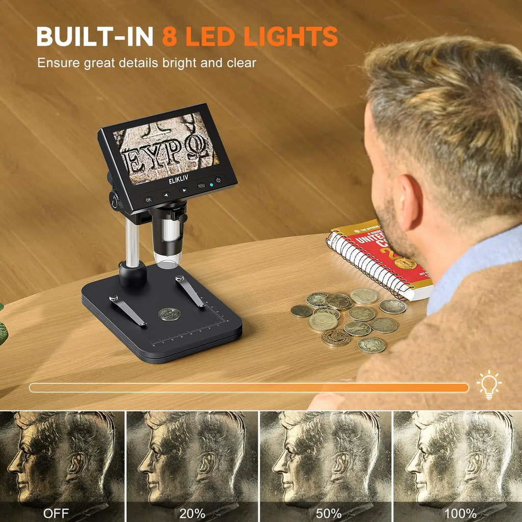 Elikliv digital coin microscope with 1000x magnification and 8 LED lights, featuring a 4.3-inch LCD display.
