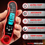 Digital instant-read meat thermometer by Alpha Grillers, showing display and probe for cooking and grilling.