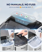 EUHOMY countertop ice maker machine in black, portable design, with handle, basket, and scoop for home or camping use.