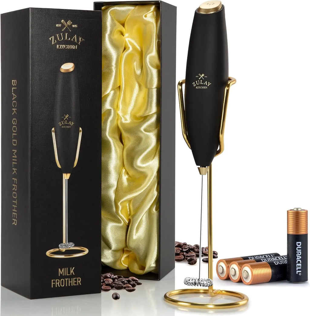 Zulay handheld milk frother in silver, featuring an upgraded titanium motor for coffee, lattes, and matcha blending.