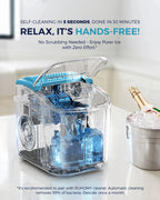 EUHOMY black countertop ice maker machine with handle, producing 26 lbs of ice in 24 hours, includes basket and scoop.