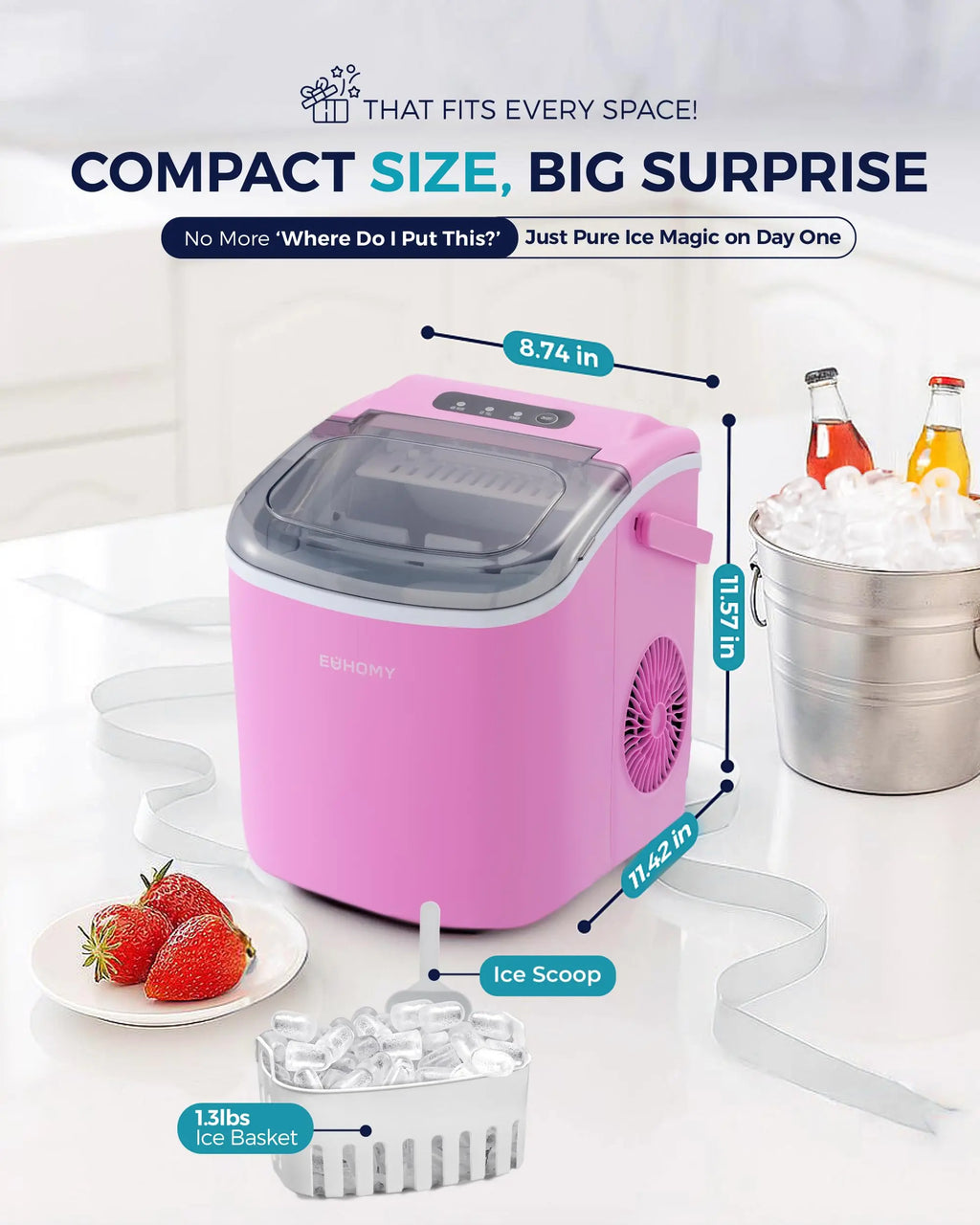 EUHOMY black countertop ice maker machine with handle, producing 26lbs of ice in 24 hours, shown with basket and scoop.