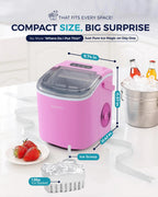 EUHOMY black countertop ice maker machine with handle, producing 26lbs of ice in 24 hours, shown with basket and scoop.
