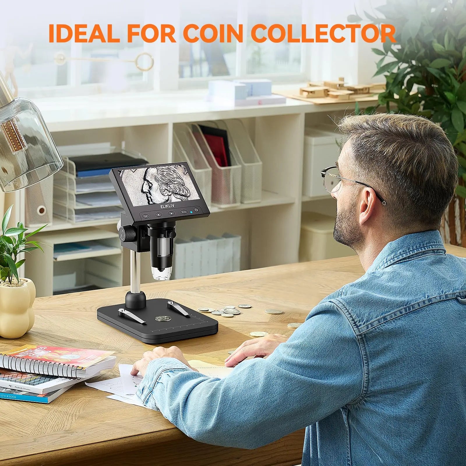 Elikliv LCD digital coin microscope with 1000x magnification and 8 adjustable LED lights, showcasing clear coin details.