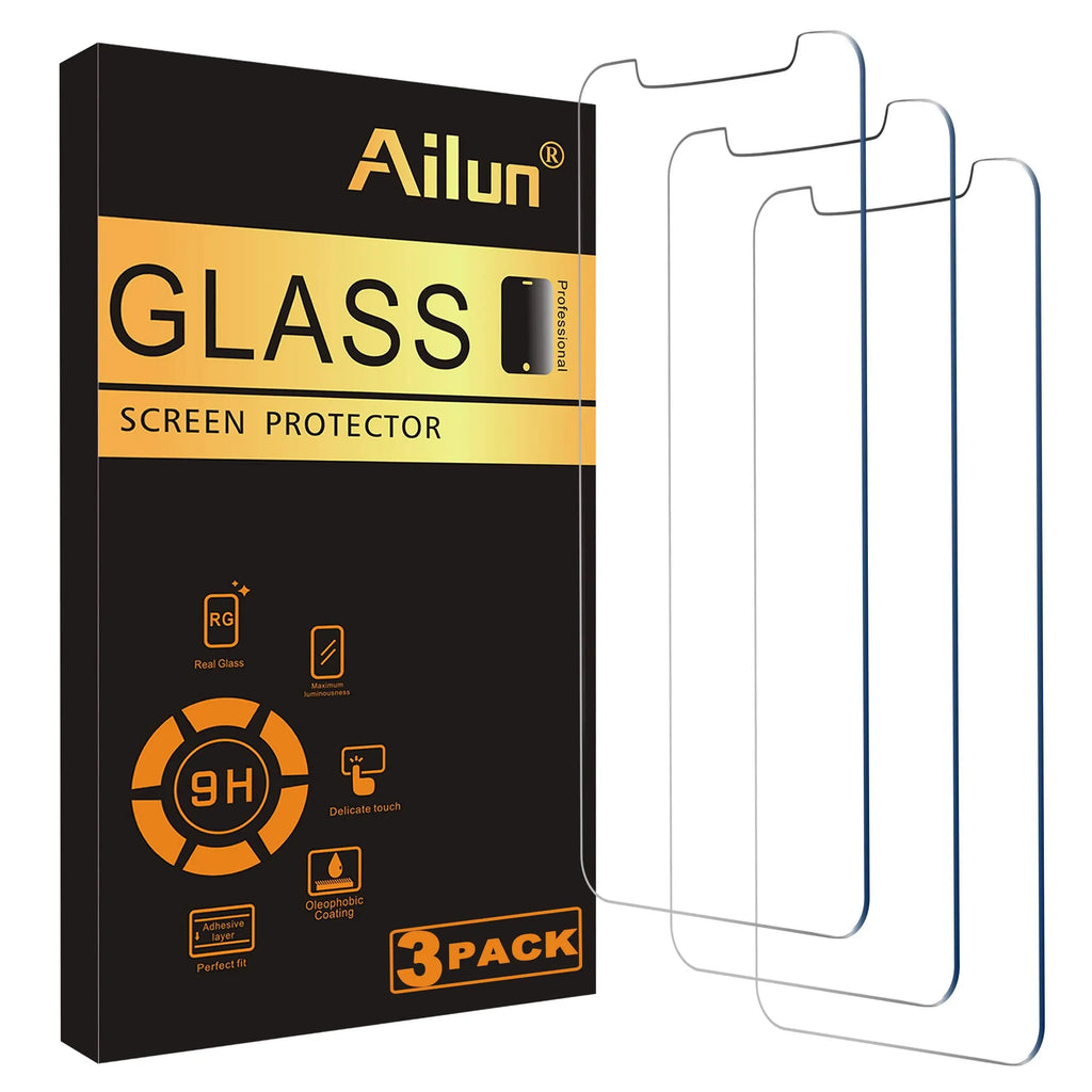 Ailun tempered glass screen protector for iPhone 15/16, 3-pack, displaying dynamic island compatibility and case-friendly design.