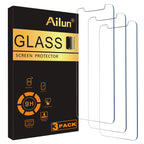 Ailun tempered glass screen protector for iPhone 15/16, 3-pack, displaying dynamic island compatibility and case-friendly design.