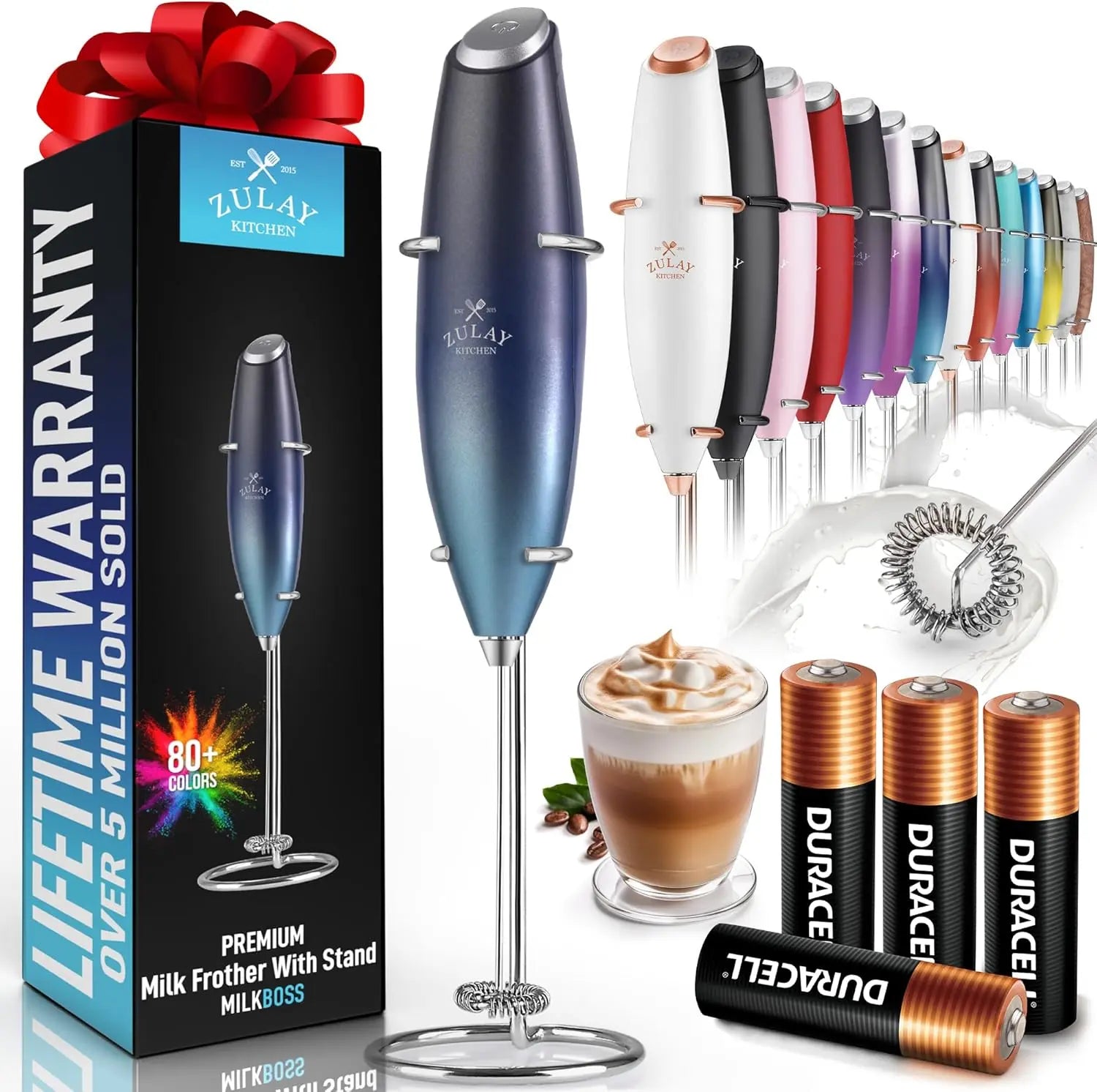 Zulay handheld milk frother in silver, featuring an upgraded titanium motor for blending coffee, latte, and matcha drinks.