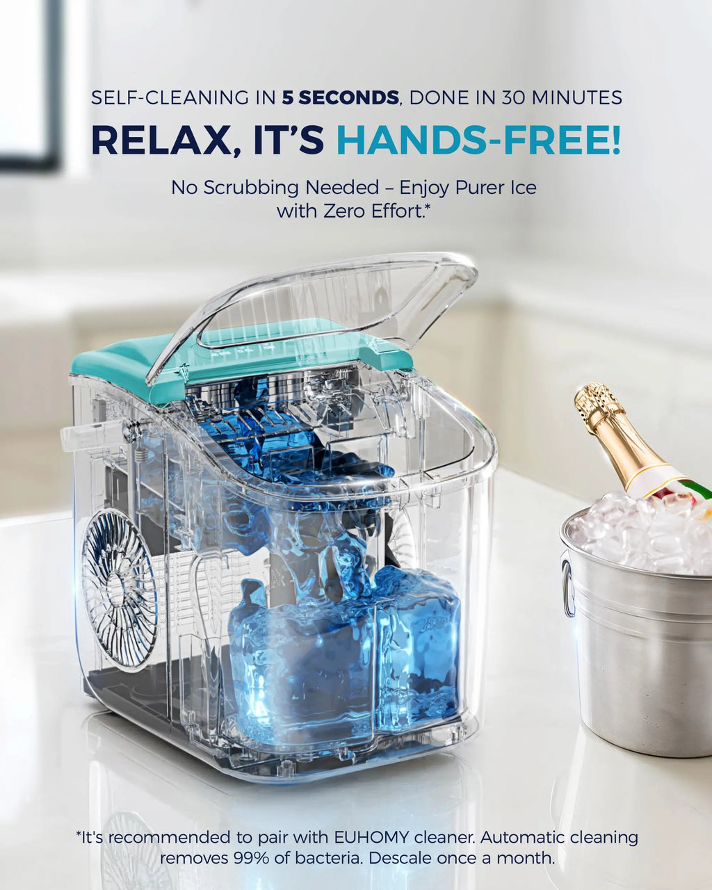 Black EUHOMY countertop ice maker machine with handle, producing 26lbs of ice in 24 hours, includes basket and scoop.