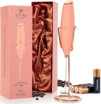 Zulay handheld milk frother with silver finish, featuring an upgraded titanium motor for lattes and matcha blending.