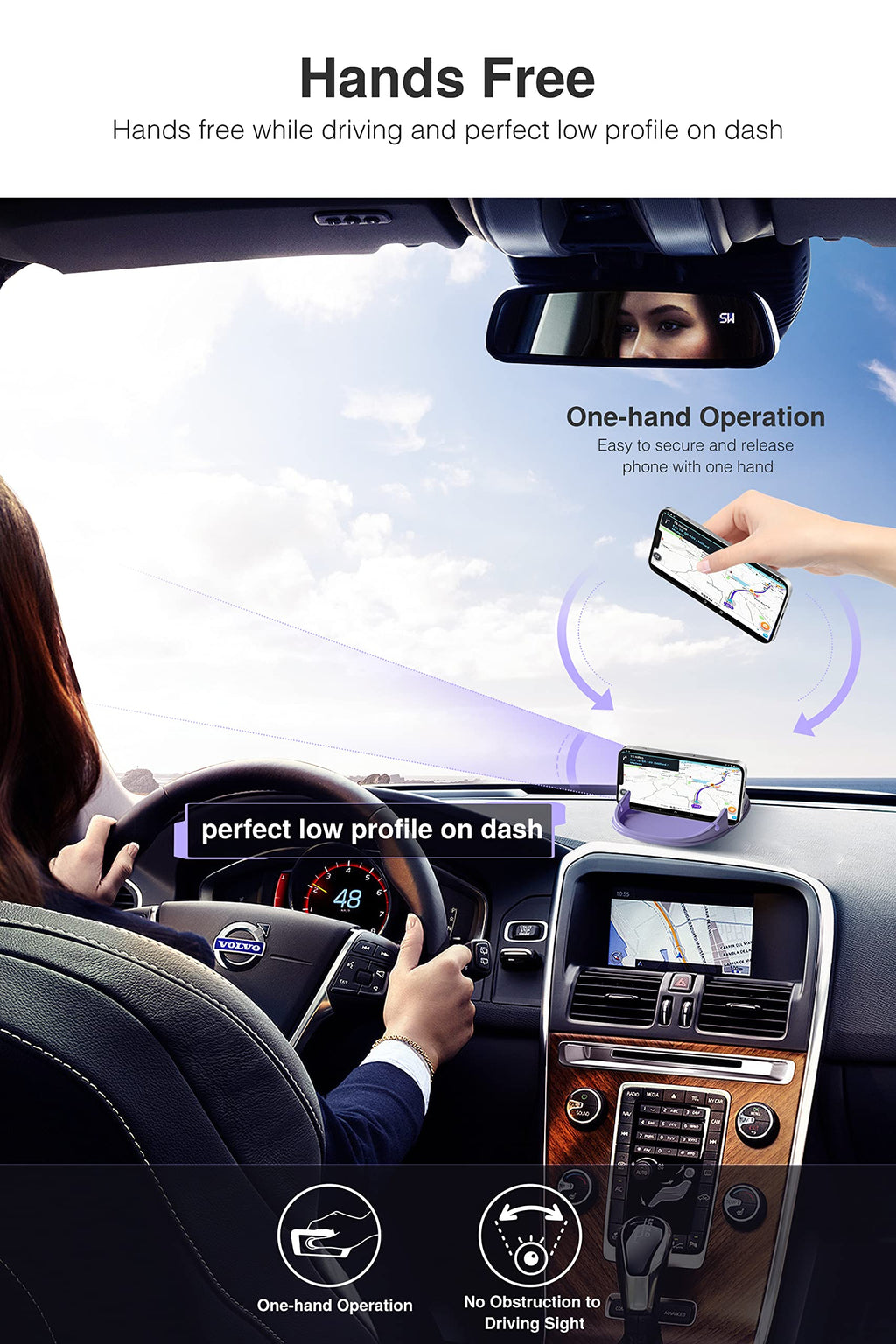Loncaster black car phone holder on a dashboard, securely holding a smartphone and GPS device in a slip-free design.