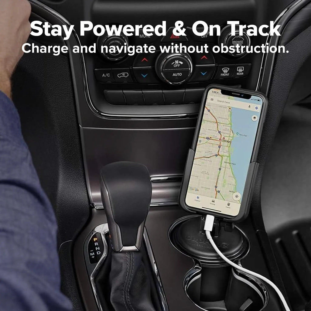 WeatherTech CupFone in black, adjustable car phone mount fitting in cup holder with open access for charging.