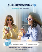 EUHOMY black countertop ice maker machine with handle, producing 26lbs of ice daily, shown with basket and scoop.