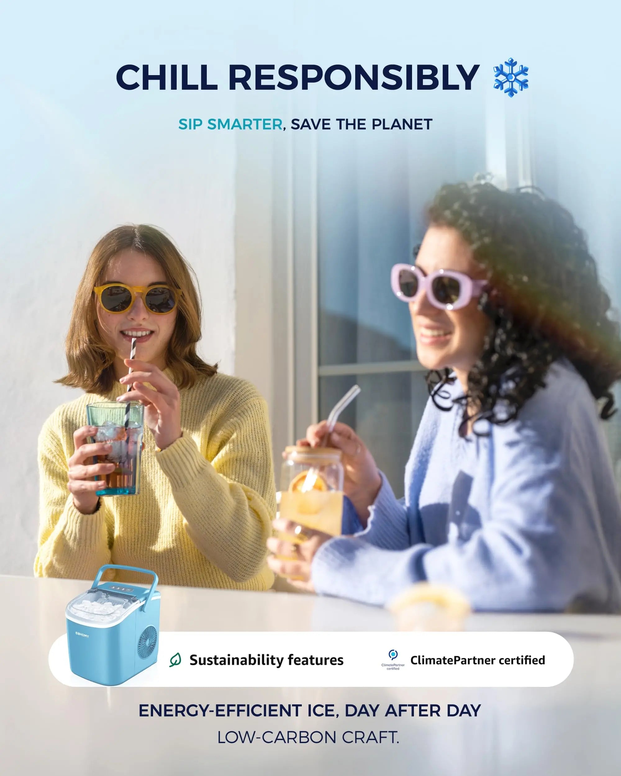 EUHOMY black countertop ice maker machine with handle, producing 26lbs of ice daily, shown with basket and scoop.