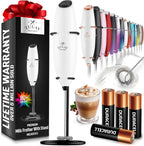 Zulay handheld milk frother in silver, featuring an upgraded titanium motor for lattes, matcha, and frappes.