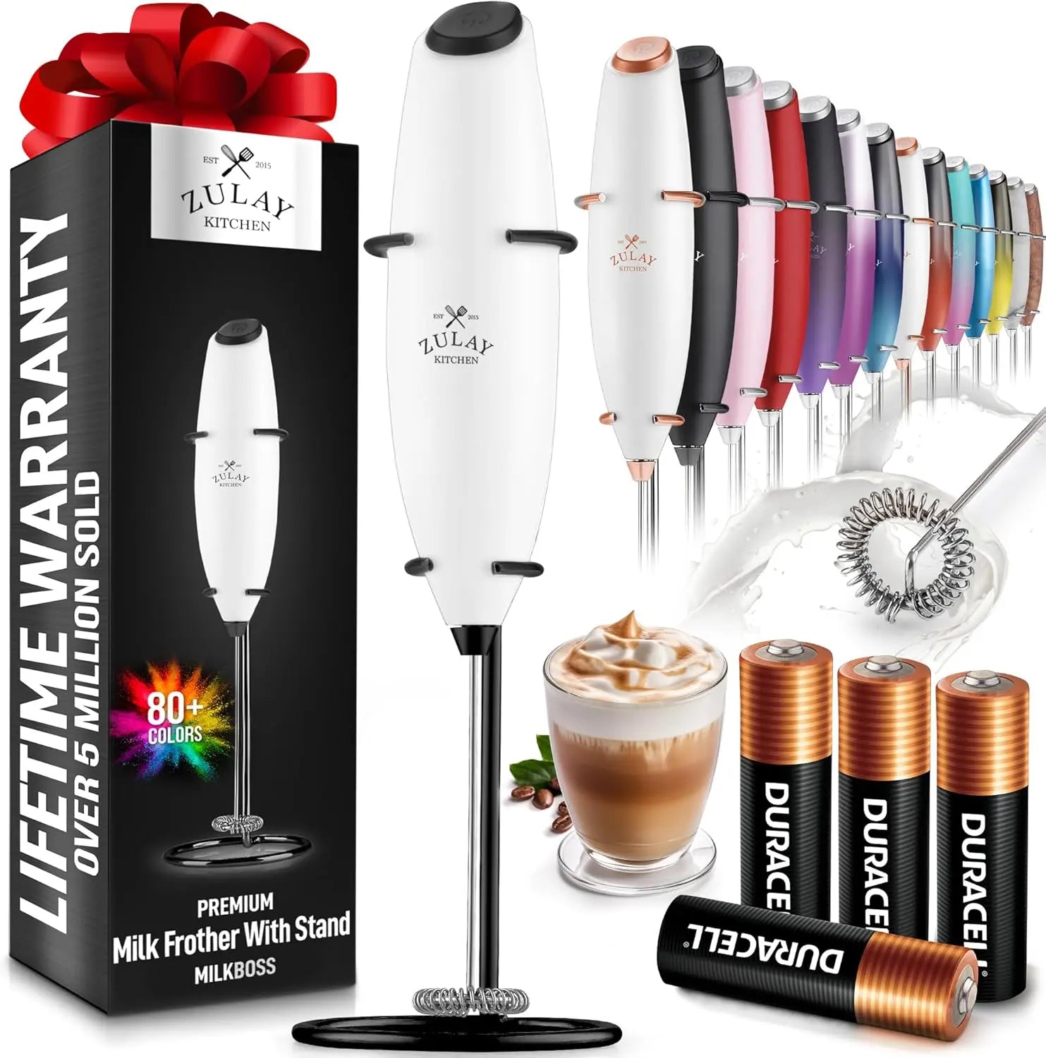 Zulay handheld milk frother in silver, featuring an upgraded titanium motor for lattes, matcha, and frappes.