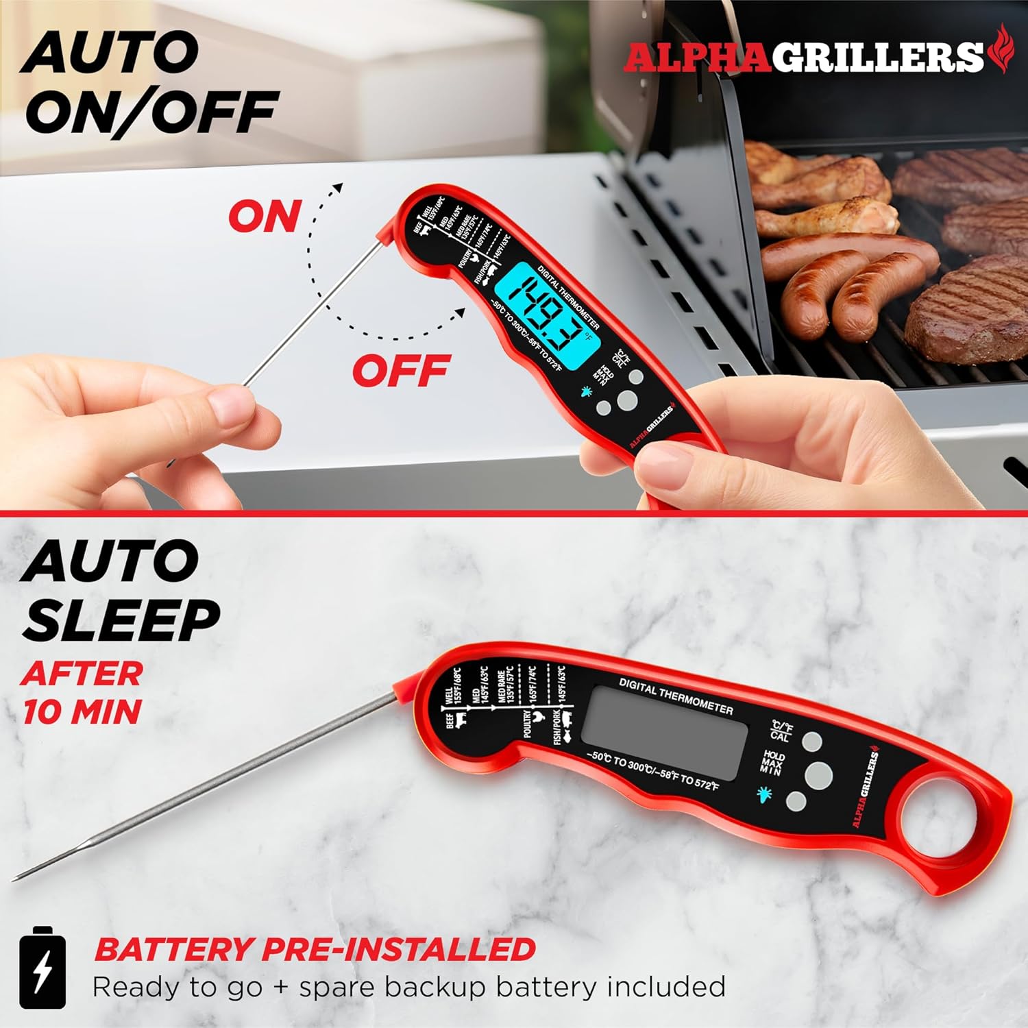 Digital meat thermometer by Alpha Grillers, featuring an instant read display for precise cooking and grilling temperatures.