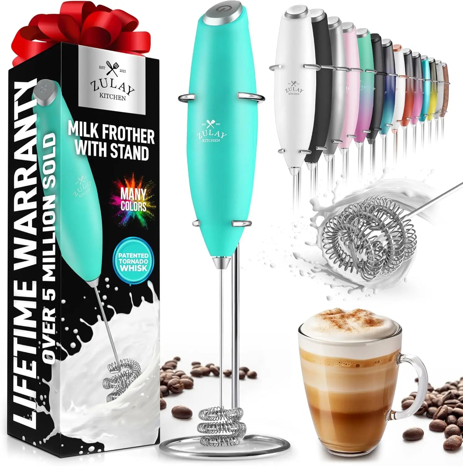 Zulay handheld milk frother in silver, featuring a titanium motor for blending coffee, latte, matcha, and frappe.