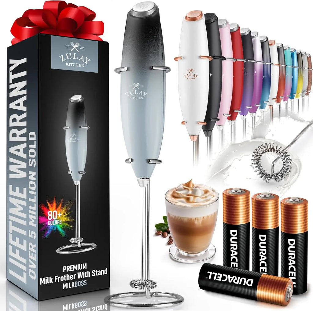 Zulay handheld milk frother in silver, featuring an upgraded titanium motor for blending lattes and matcha.