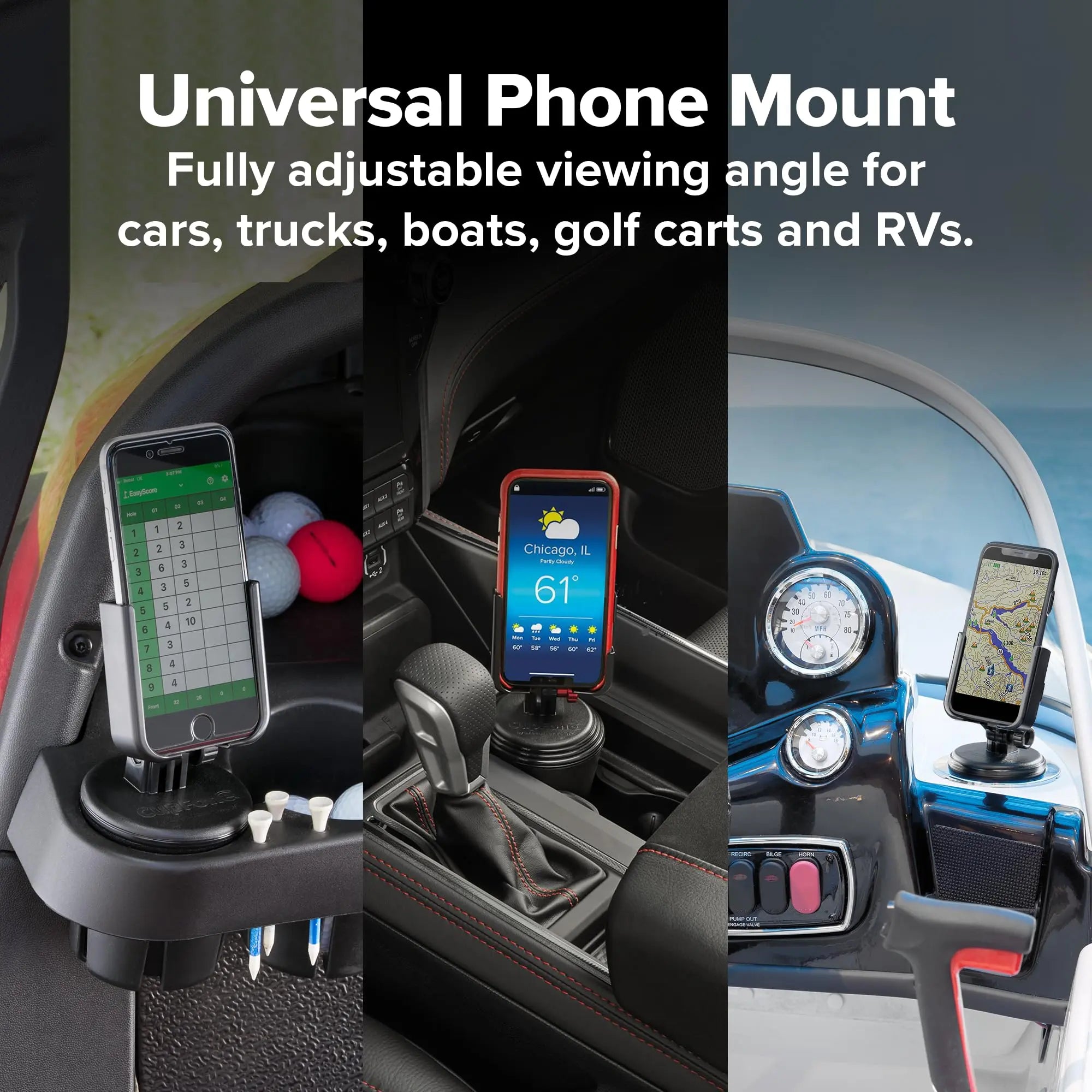 WeatherTech CupFone in black, adjustable car phone mount fits universal cup holders, allowing easy access for charging.