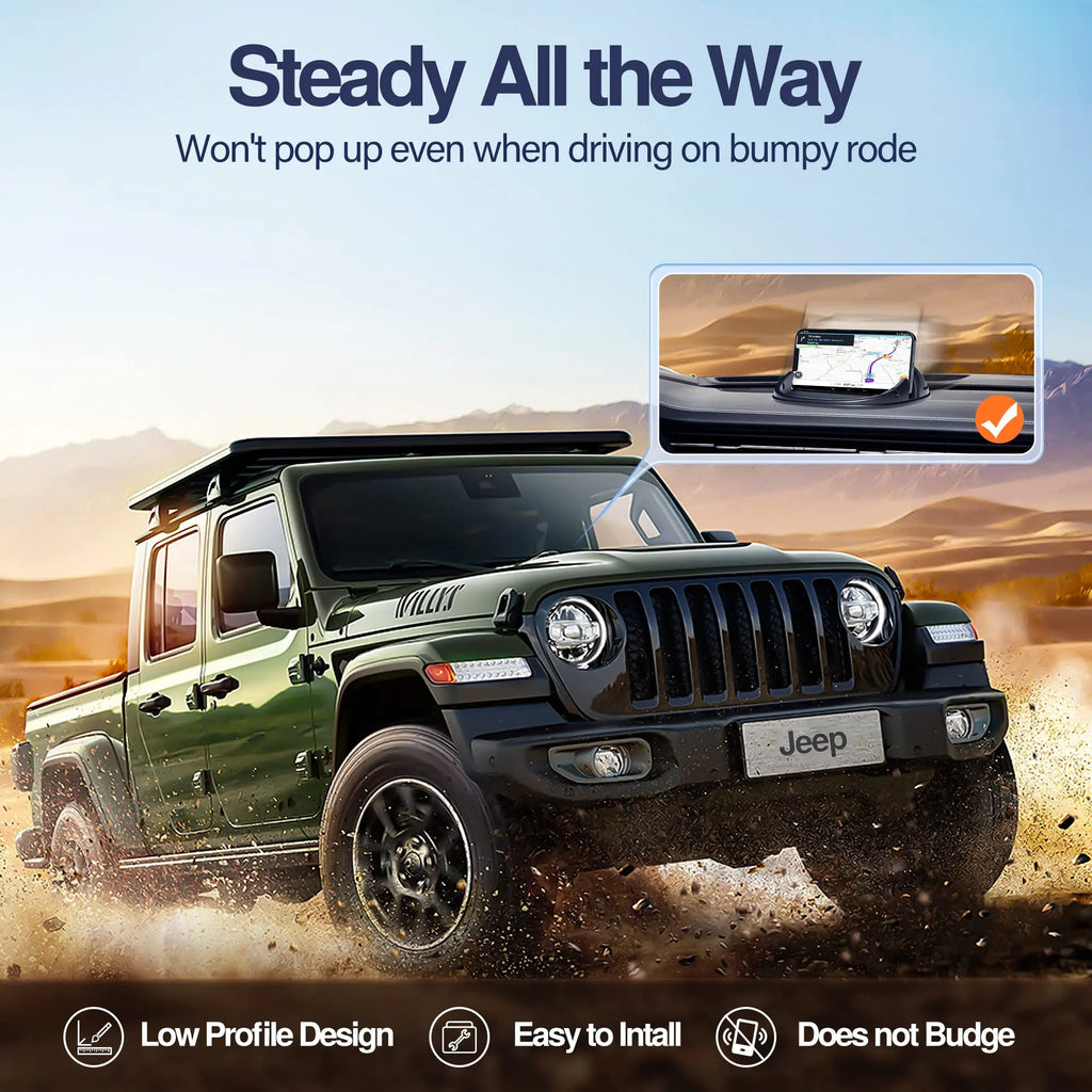 Black Loncaster car phone holder on a dashboard, designed for smartphones and GPS devices, featuring a silicone pad.