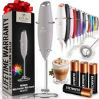 Zulay handheld milk frother in silver, designed for coffee, latte, and matcha, featuring an upgraded titanium motor.