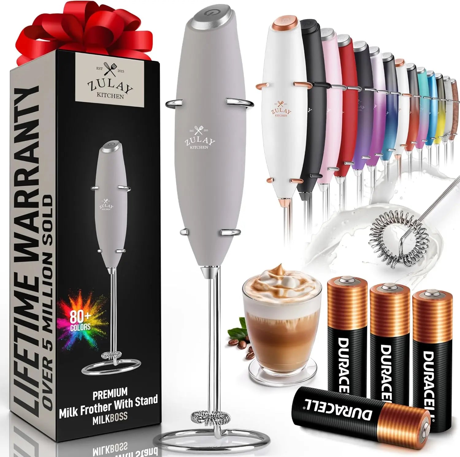 Zulay handheld milk frother in silver, designed for coffee, latte, and matcha, featuring an upgraded titanium motor.