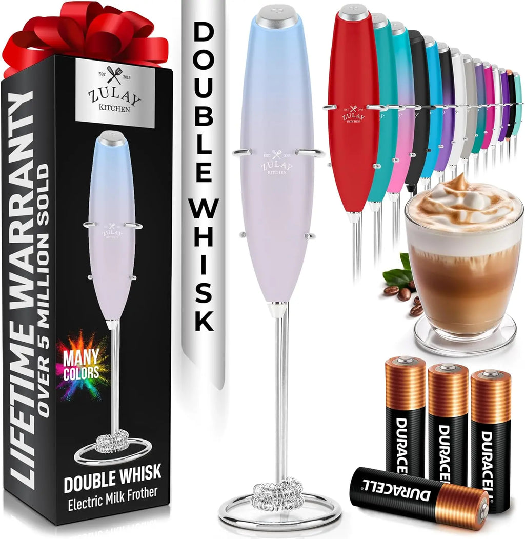 Zulay handheld milk frother in silver, featuring a titanium motor for blending coffee, lattes, and matcha.