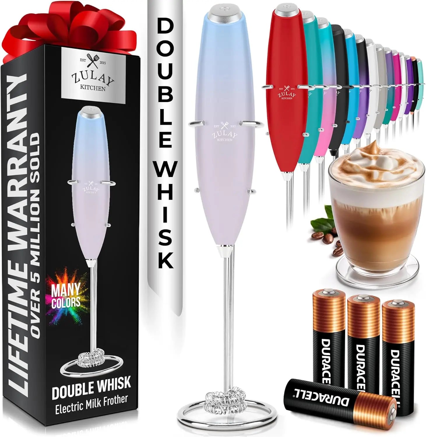 Zulay handheld milk frother in silver, featuring a titanium motor for blending coffee, lattes, and matcha.