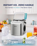 EUHOMY black countertop ice maker machine with handle, producing 26lbs of ice in 24hrs, with basket and scoop.