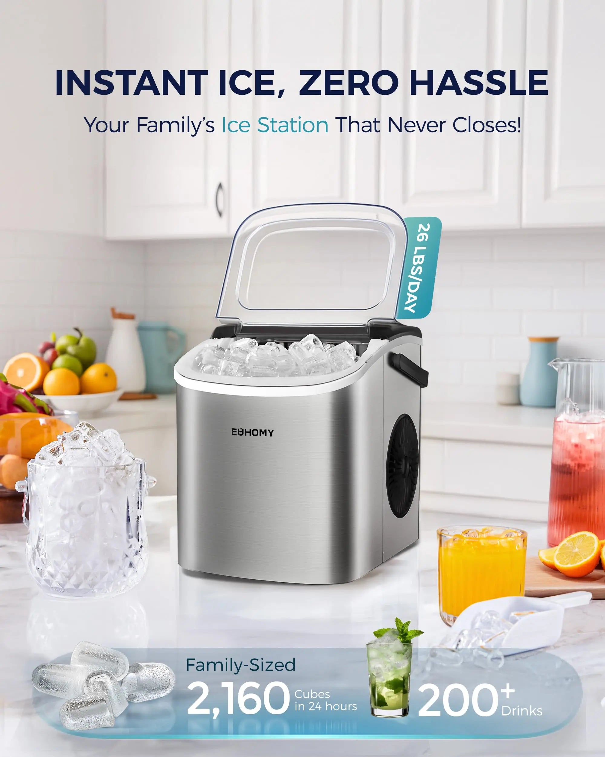 EUHOMY black countertop ice maker machine with handle, producing 26lbs of ice in 24hrs, with basket and scoop.
