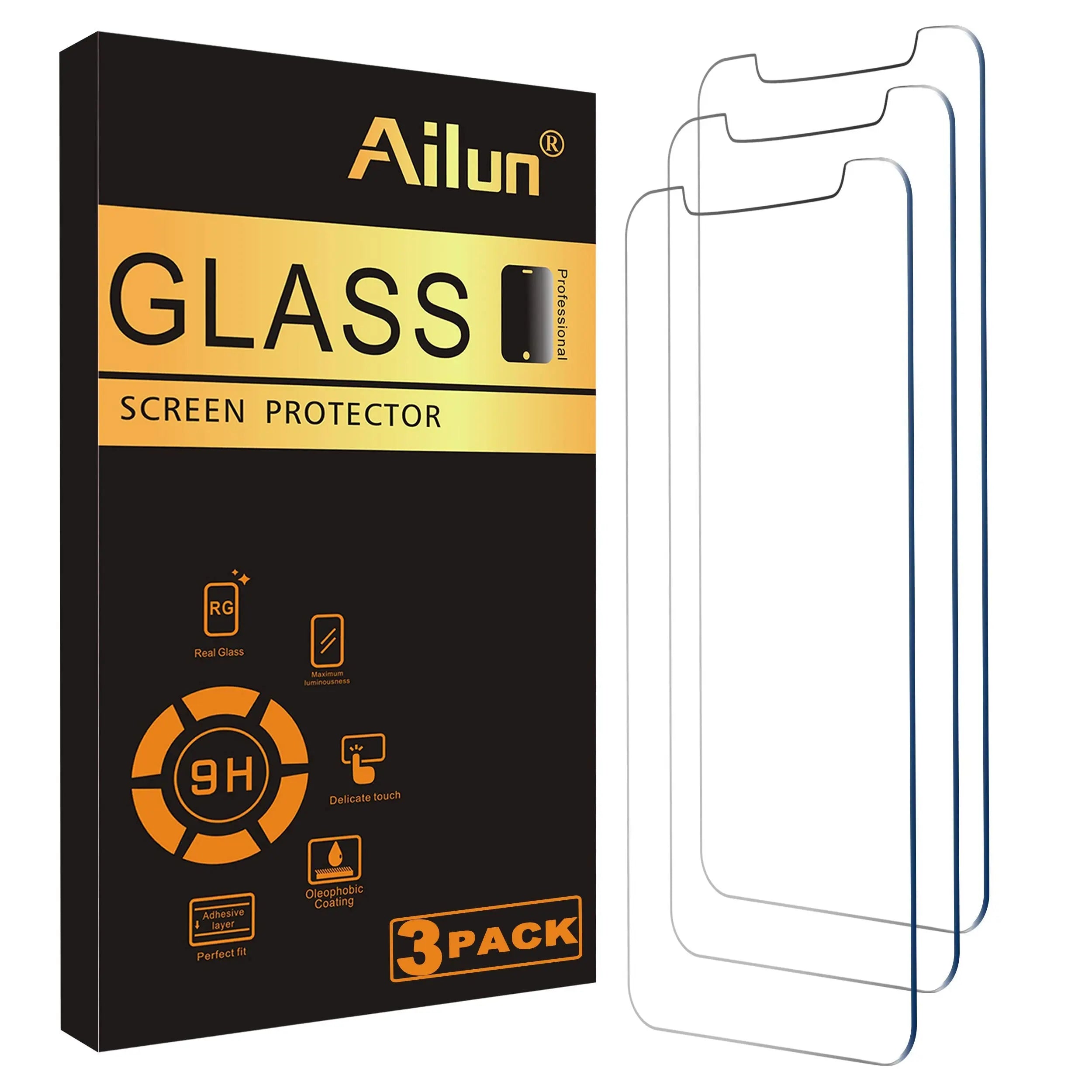 Ailun tempered glass screen protector for iPhone 15/16, 6.1 inch, three-pack, case-friendly, Dynamic Island compatible.