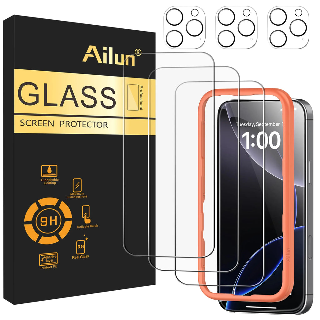 Ailun 3 pack screen protector and camera lens protector for iPhone 17 Pro Max with installation frame, case friendly.