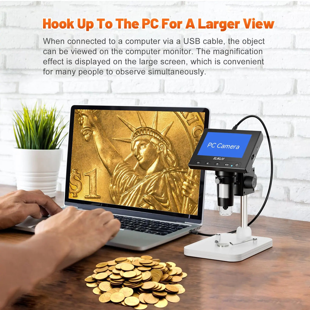 Elikliv LCD digital coin microscope with 1000x magnification and 8 LED lights, featuring a 4.3-inch display.