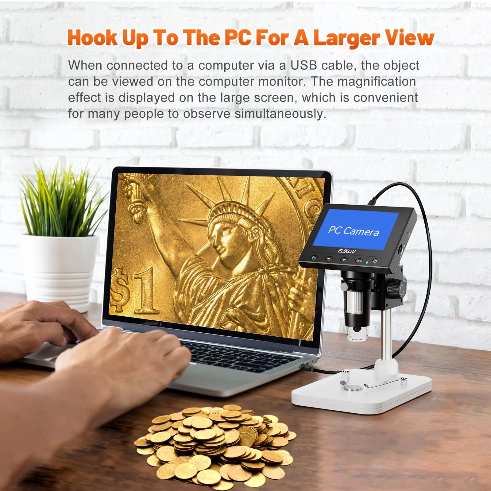 Elikliv LCD digital coin microscope with 1000x magnification and 8 LED lights, featuring a 4.3-inch display.