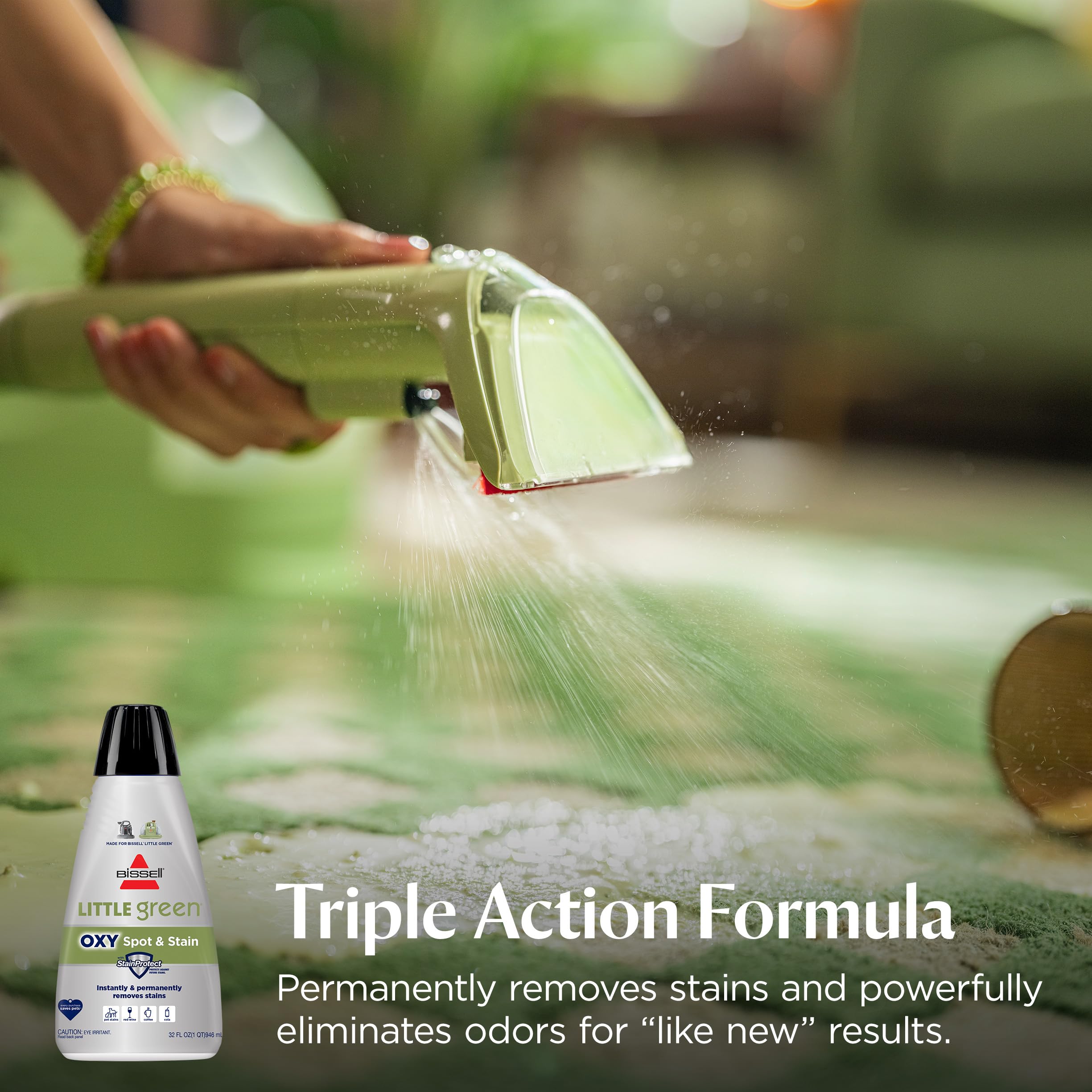 BISSELL Little Green Mini portable carpet cleaner in tea green with HydroRinse tool and tough stain tool for upholstery.