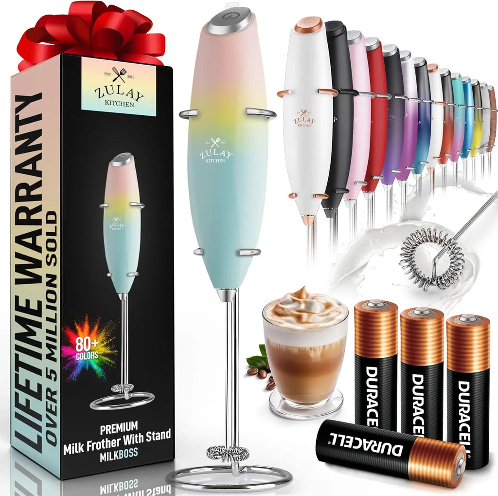 Zulay handheld milk frother in silver with upgraded titanium motor, perfect for lattes, matcha, and frappes.